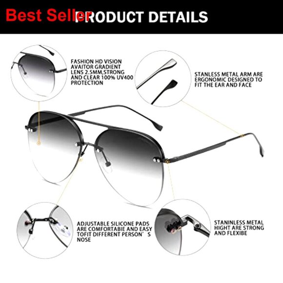 Oversized Rimless Aviator Sunglasses UV400 Protection Gradient Mirrored Lens